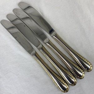 4 Retroneu GOLD ACCENT Chain 9 1/2” Dinner Knife 18/8 Korea Stainless Pre owned